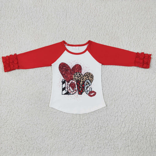 GT0072 girl red long sleeve raglan shirt with heard pattern Valentine's day kids love letter top