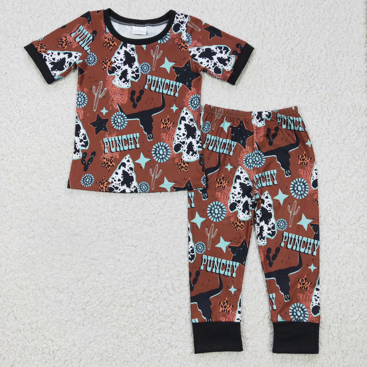 BSPO0051 boy brown short sleeve shirt and cow and cactus print straight pants set