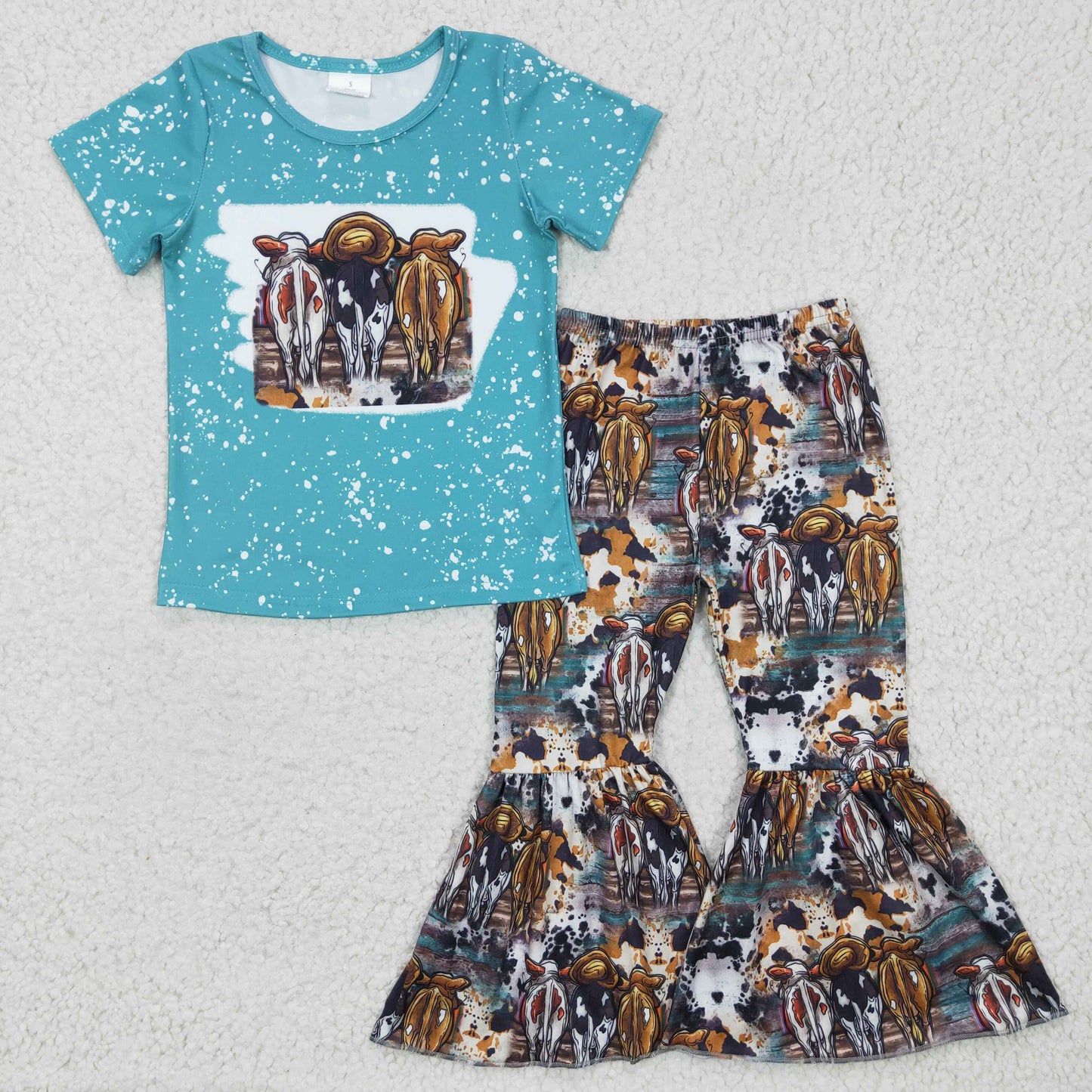 GSPO0279 girl blue short sleeve top and milk cow pattern bell pants