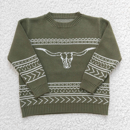 BT0178 boy army green long sleeve o-neck cow print sweater