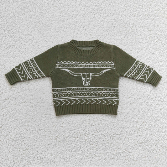 BT0178 boy army green long sleeve o-neck cow print sweater