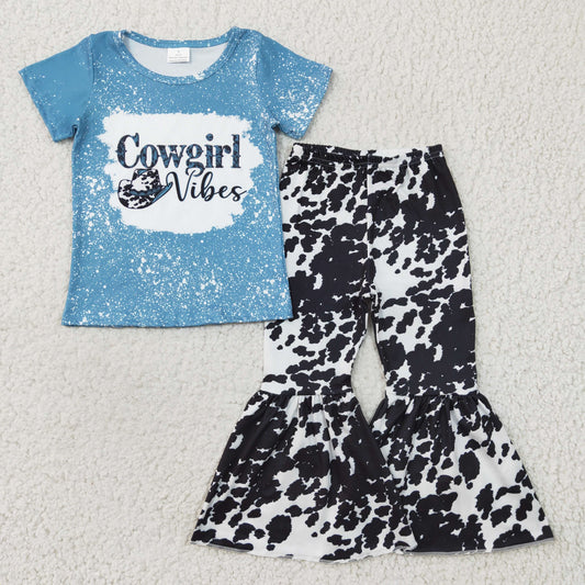 GSPO0316 baby girls blue short sleeve letter design top and milk cow print bell bottoms