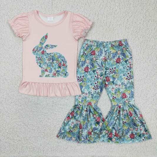 GSPO0341 easter day girl pink puff sleeve rabbit top and flowers pattern bell bottoms