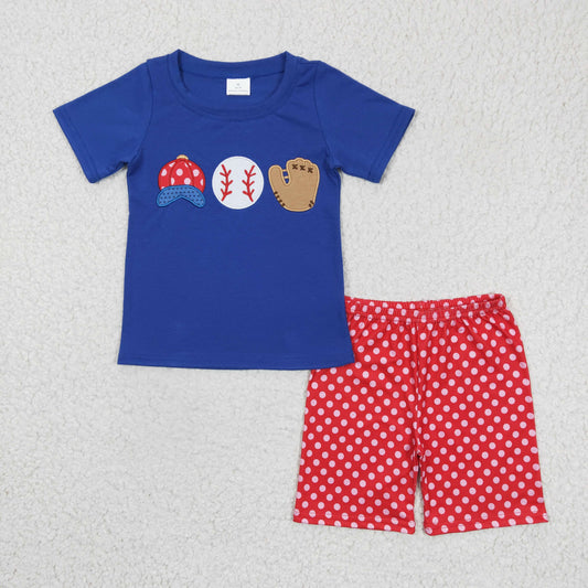 BSSO0098 boy dark blue cotton short sleeve top with baseball embroidery match red shorts