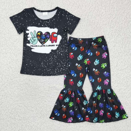 A14-16 girl black short sleeve shirt and elastic waist bell pants 2pieces set