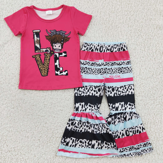 GSPO0371 girl rose red short sleeve highland cow print top match leopard bell pants