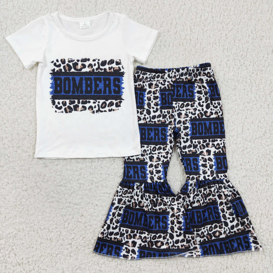 GSPO0434 girl white short sleeve letter t-shirt and leopard elastic waist bell bottoms