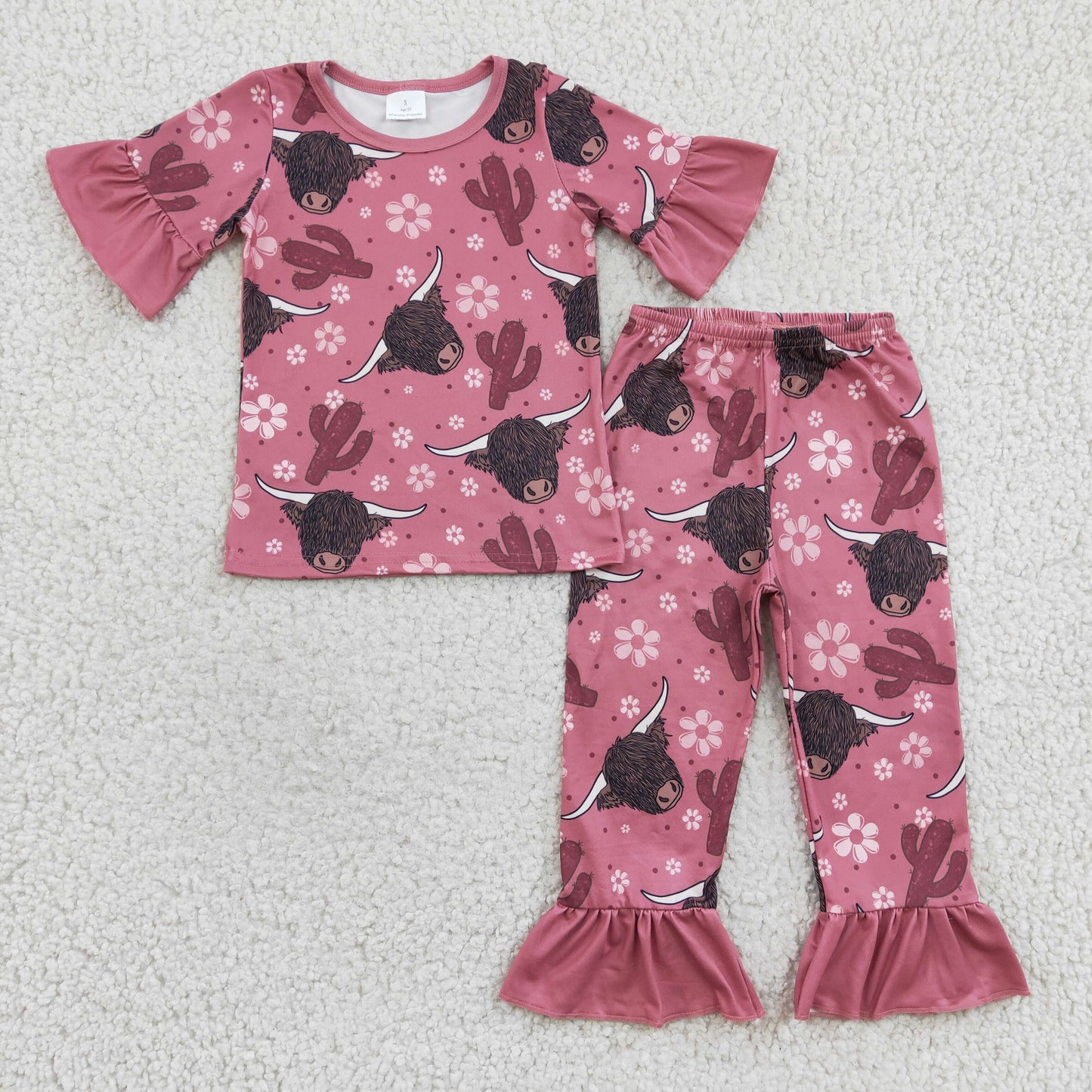 GSPO0326 girl short sleeve cactus and highland cow print pajamas set for summer