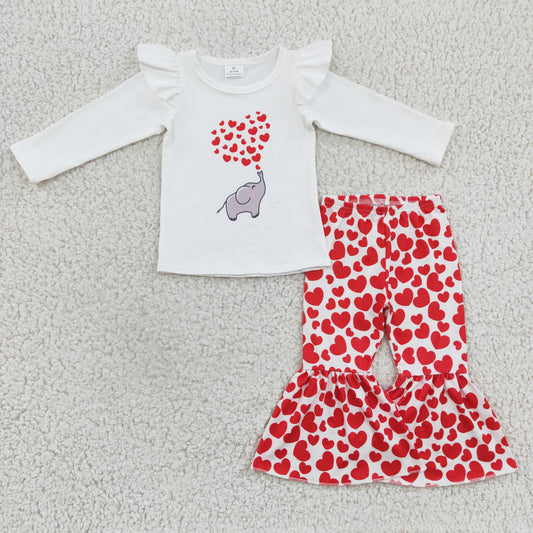 GLP0379 girl valentine's day white long sleeve blouses match red heart bell pants suit