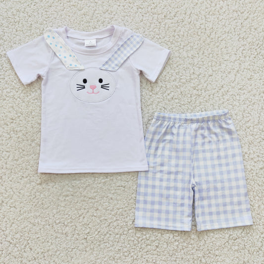 BSSO0090 boy white cotton short sleeve top with rabbit embroidery  match plaid shorts