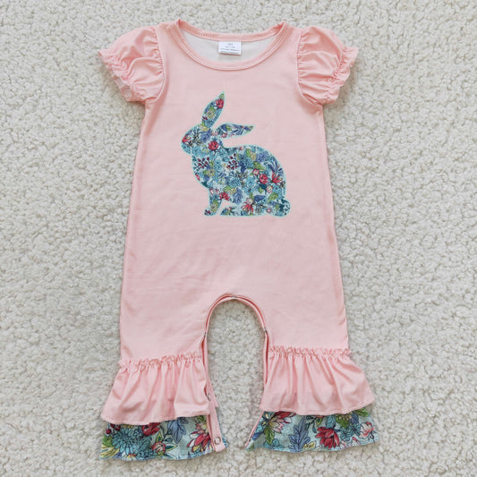 SR0163 girl pink puff sleeve ruffle romper with flower rabbit printed