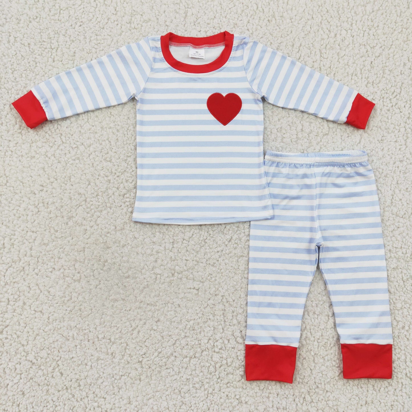 BLP0149 kids cotton blue white stripe long sleeve pajamas set with red heart embroidery