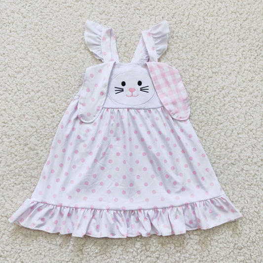 GLD0173 baby girls cute rabbit embroidery pink polka dot sleeveless frock for easter day