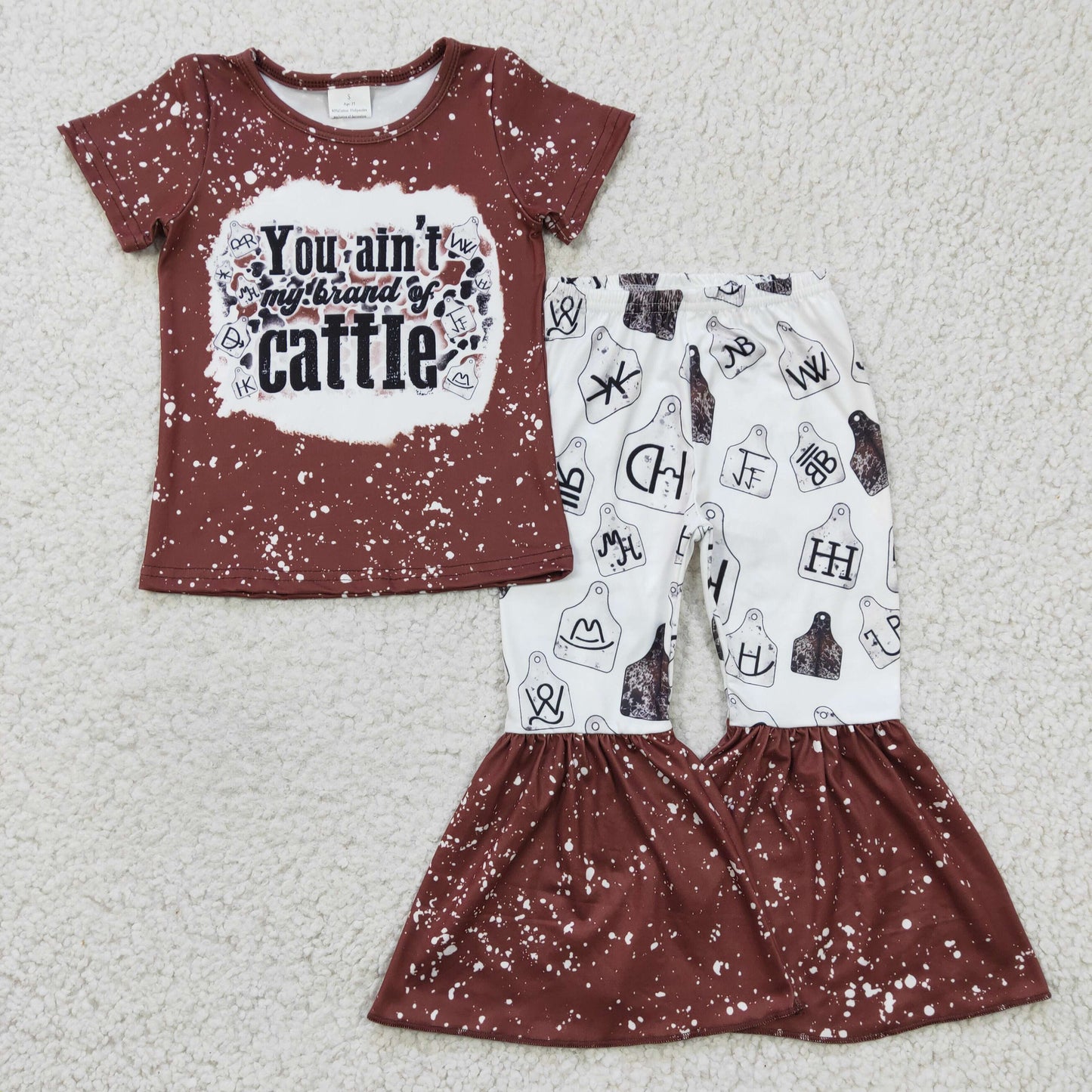 GSPO0355 girl brown short sleeve t-shirt match stitching bell pants for farm style