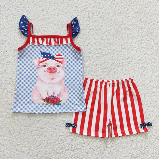 C4-11 girl cute pig cartoon top and stripes shorts suit for july 4th