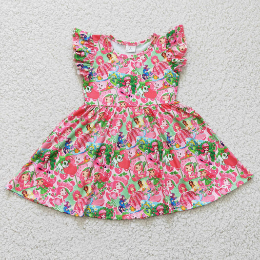 B10-12 summer girl flutter sleeve strawberry pink twirl dress