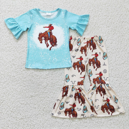 GSPO0336 girl blue short sleeve top match horse pattern bell bottoms set