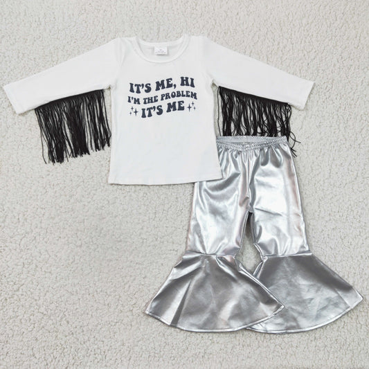 GLP0394 girl white long sleeve letter top with tassel match silver leather bell pants