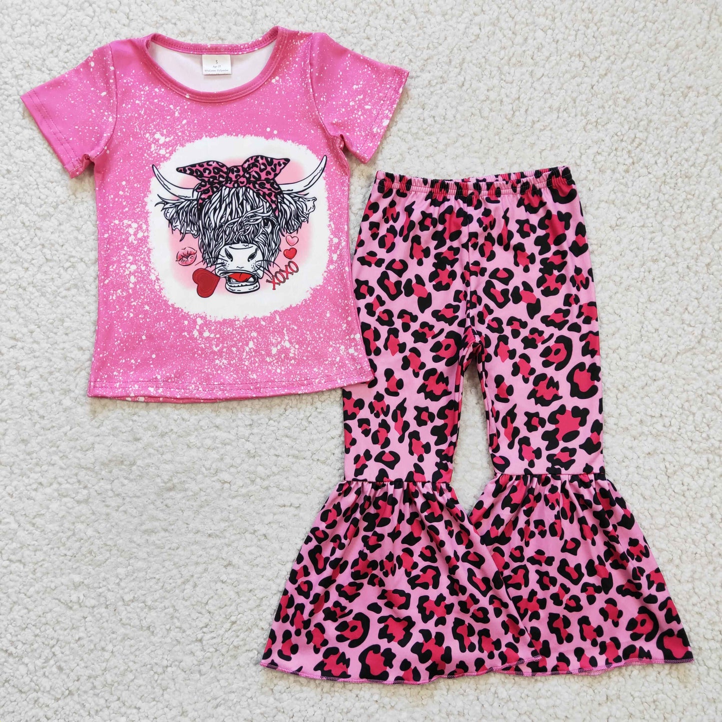 GSPO0334 girl pink short sleeve cow print top  and leopard elastic waist pants