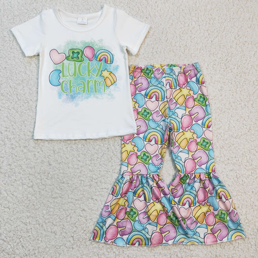 GSPO0303 girl white short sleeve rainbow and heart top and elastic waist bell bottoms