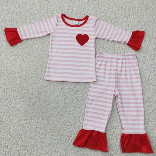 GLP0383 girl pink white stripe long sleeve pajamas set with red heart embroidery for V-Day