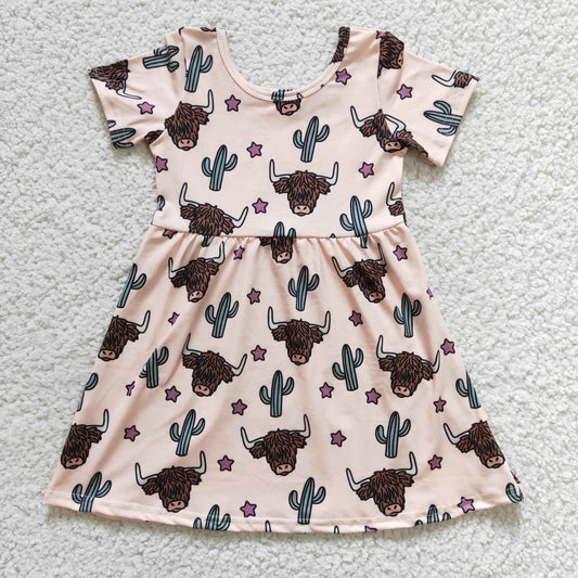 GSD0178 girl summer short sleeve cow and cactus print dress