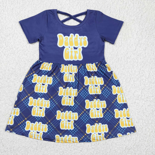 GSD0196 girl dark blue short sleeve o-neck letter design twirl dress for summer