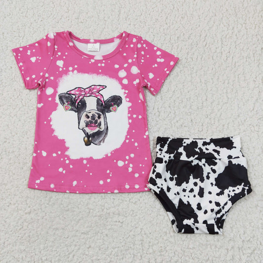 GBO0065 girl pink short sleeve t-shirt with cow printed match milk cow bummies