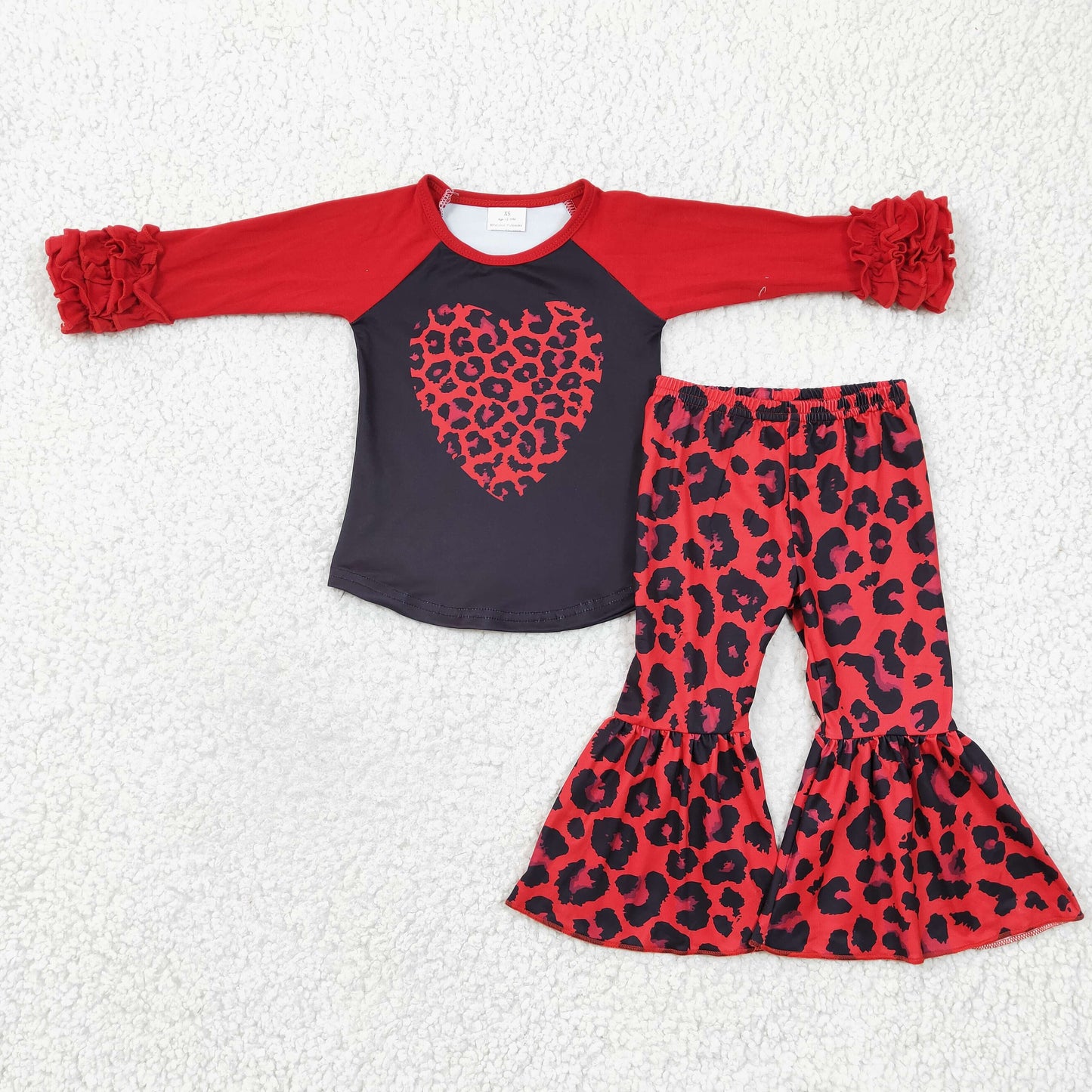 GLP0390 girl red long sleeve raglan shirt with heart pattern match leopard bell bottoms