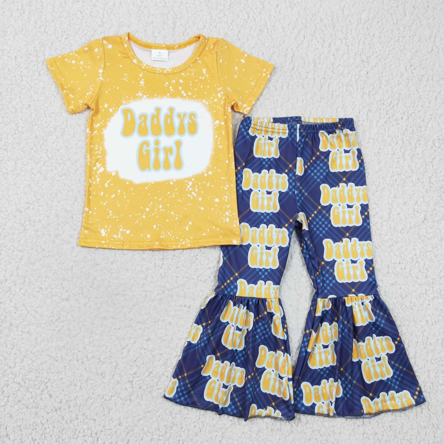 GSPO0357 girl yellowe short sleeve blouses and daddy's girl letter bell pants 2pieces set