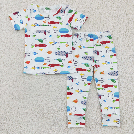 BSPO0062 boy white short sleeve fish print pajamas set for summer