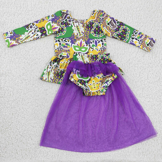 GLD0153 girl long sleeve tunic top match purple mesh bummies set for Mardi Gras