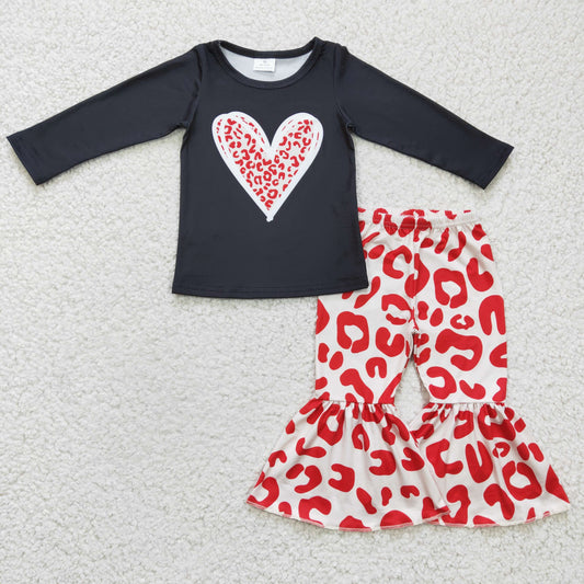 GLP0404 girl valentine's day black long sleeve heart top and red elastic waist bell pants