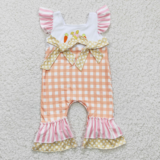 SR0129 easter day baby girls cotton embroidery rabbit and carrot plaid romper with bow