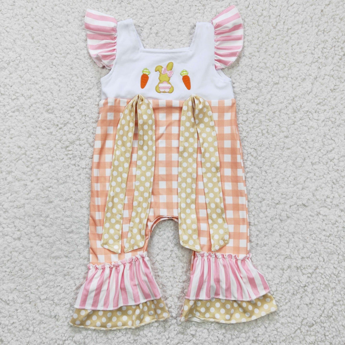 SR0129 easter day baby girls cotton embroidery rabbit and carrot plaid romper with bow