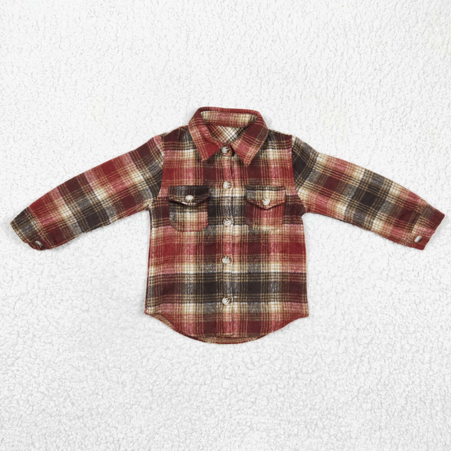 BT0191 kids plaid long sleeve turn-down collar button top with pockets