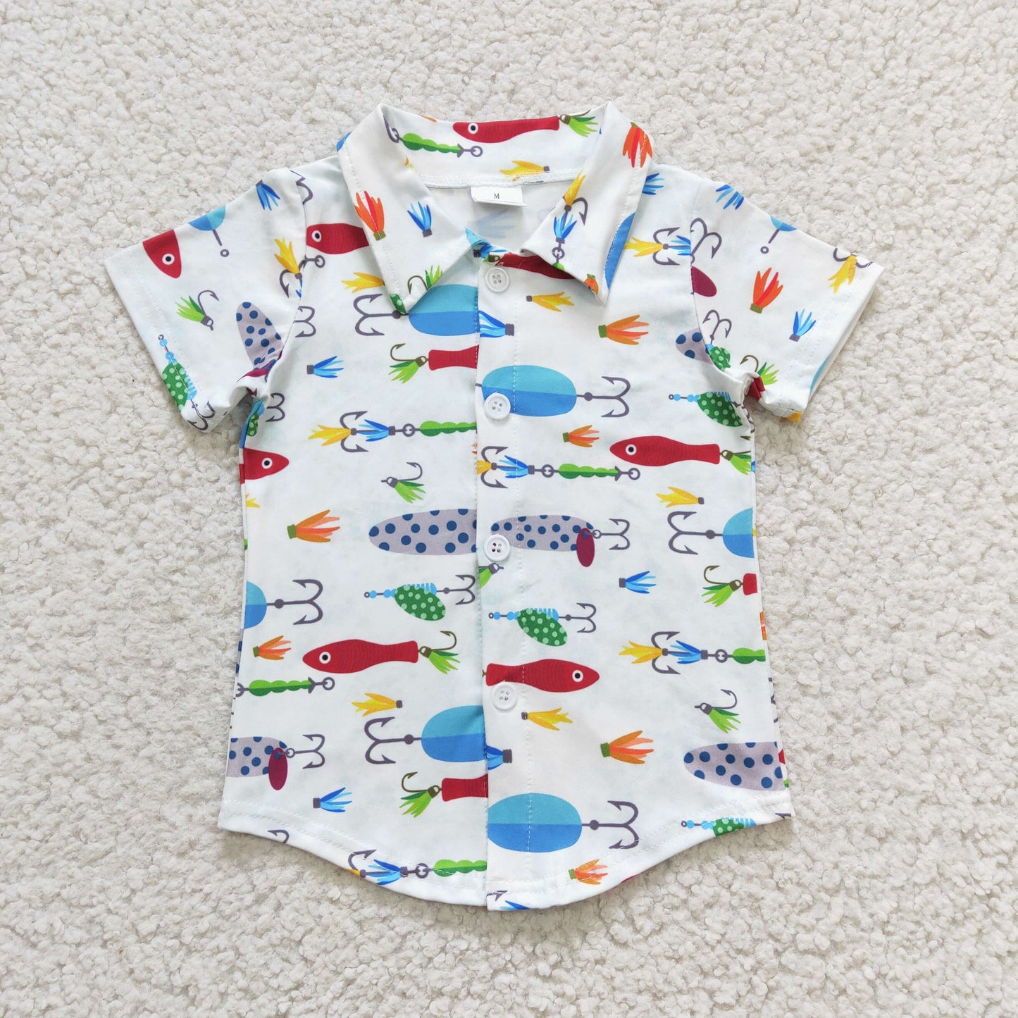 BT0173 boy white short sleeve turn-down collar fish t-shirt for summer