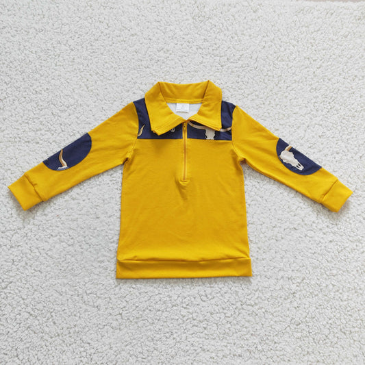 BT0124 boy yellow long sleeve turn-down collar zipper jacket with cow print