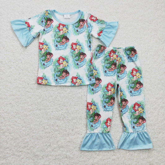 GSPO0394 girl blue ruffle short sleeve top and elastic waist pants outfit