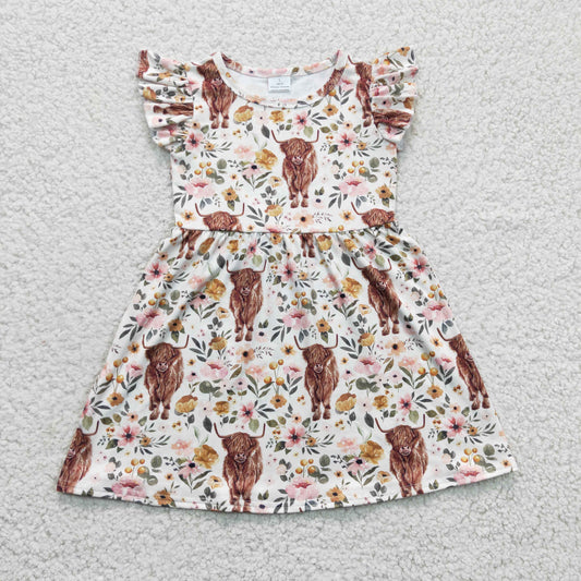 GSD0158 summer girl flutter sleeve cow and flowers pattern frock