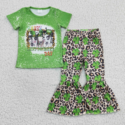 GSPO0329 happy saint strick's day outfit girl green short sleeve top and leopard four leaf clover bell pants