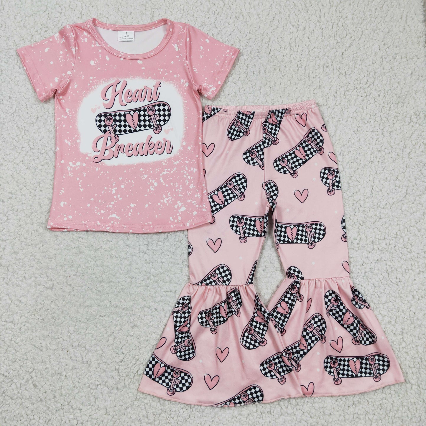 GSPO0320 girl pink short sleeve t-shirt and heart bell bottoms 2pieces set