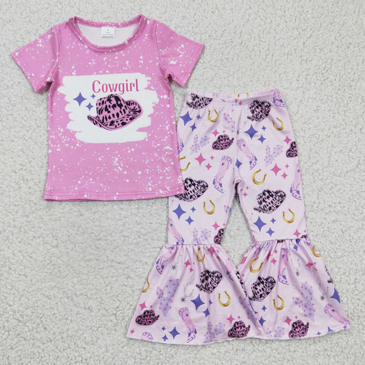 GSPO0349 girl pink short sleeve shirt and boot print bell pants set