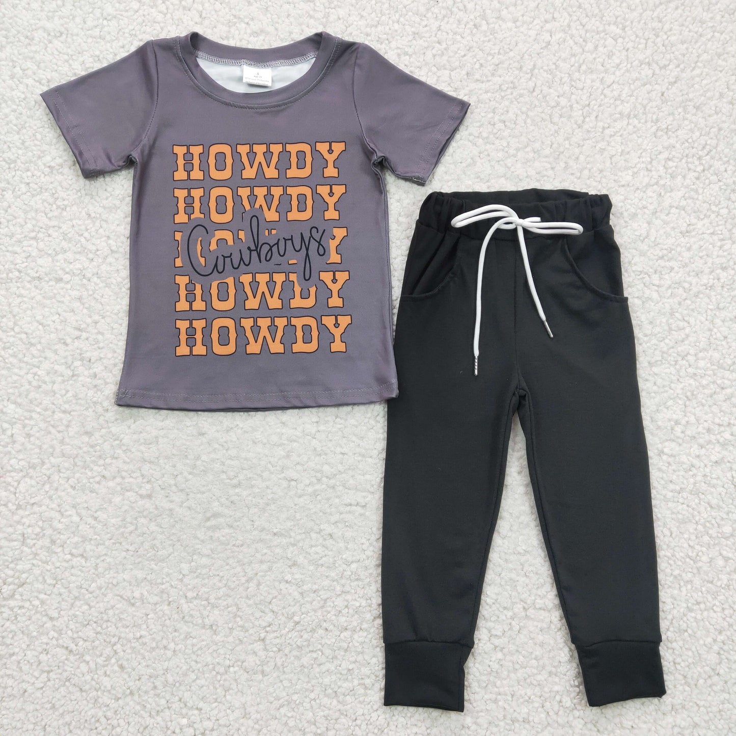 BSPO0063 boy gray short sleeve shirt with orange letters match cotton black pants