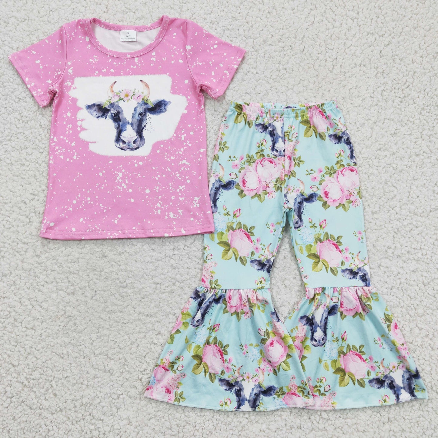 GSPO0395 girl pink short sleeve top with cow print match flowers bell bottoms