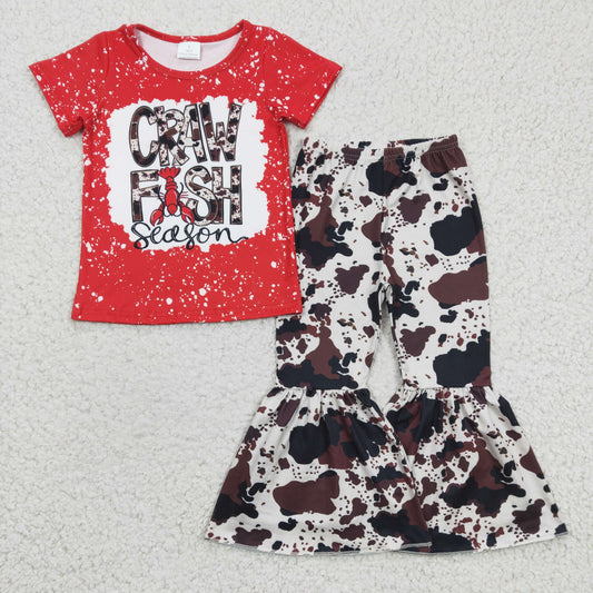 GSPO0385 summer girl red craw fish season letter top and cow print bell pants outfit