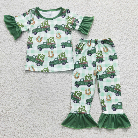 GSPO0287 girl St Patrick's Day short sleeve truck pajamas set
