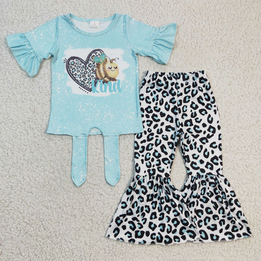 GSPO0360 girl ruffle short sleeve blue top and leopard print bell bottoms suit