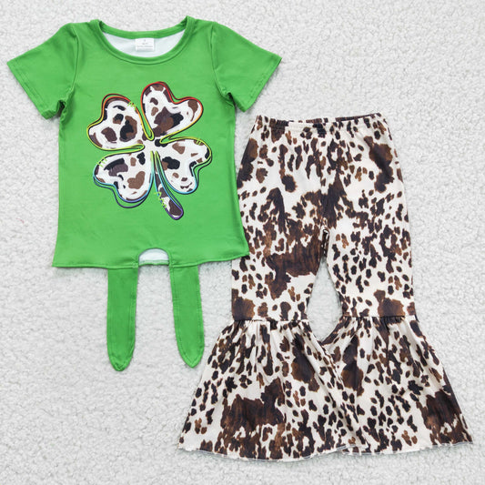 GSPO0297 St Patrick's Day girl short sleeve green top with bow match brown bell pants