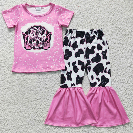 GSPO0325 baby girls pink short sleeve top match milk cow print bell pants set